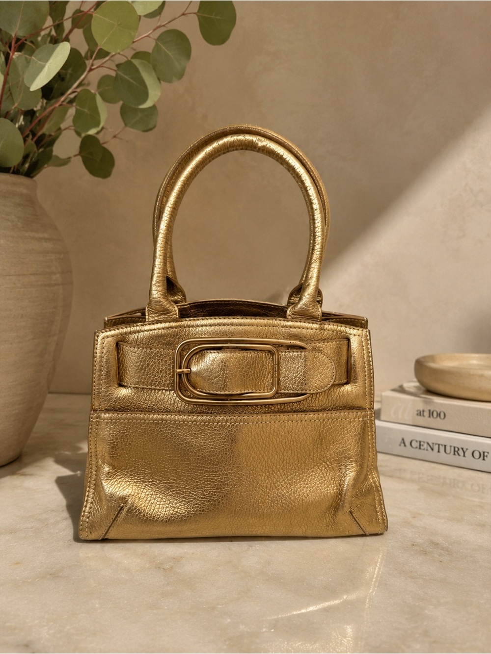 Small Gold Metallic Furla Leather Handbag Top Handle